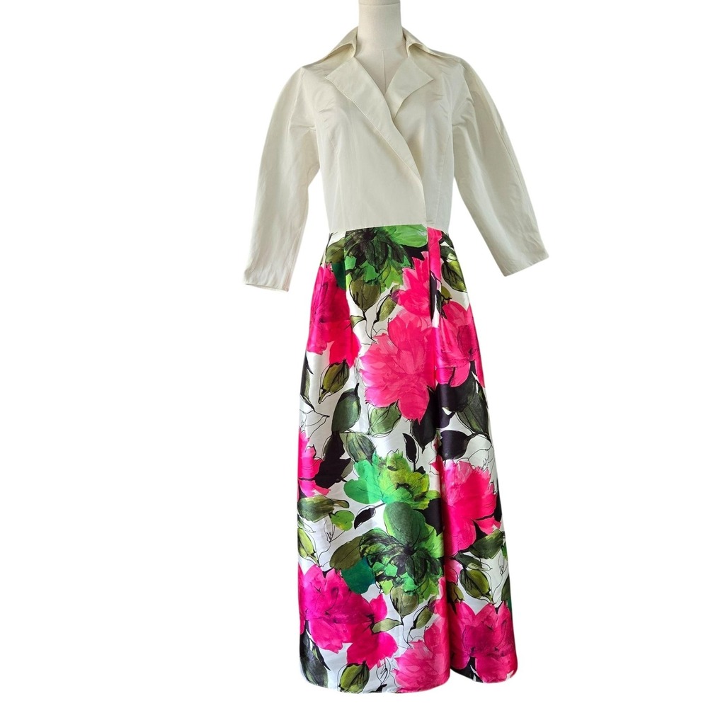 Teri‎ Jon Dress Womens 10 Collared Maxi Lined White Floral Rhinestone Button